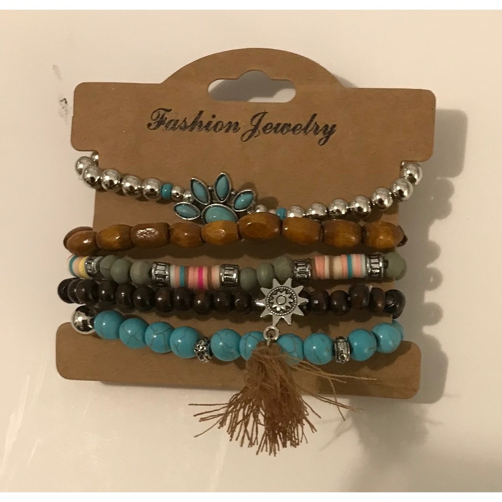 Bohemian Beaded Bracelet Sets Turquoise Silver Wood Tassel Butterfly Charms 3pk - Picture 5 of 5